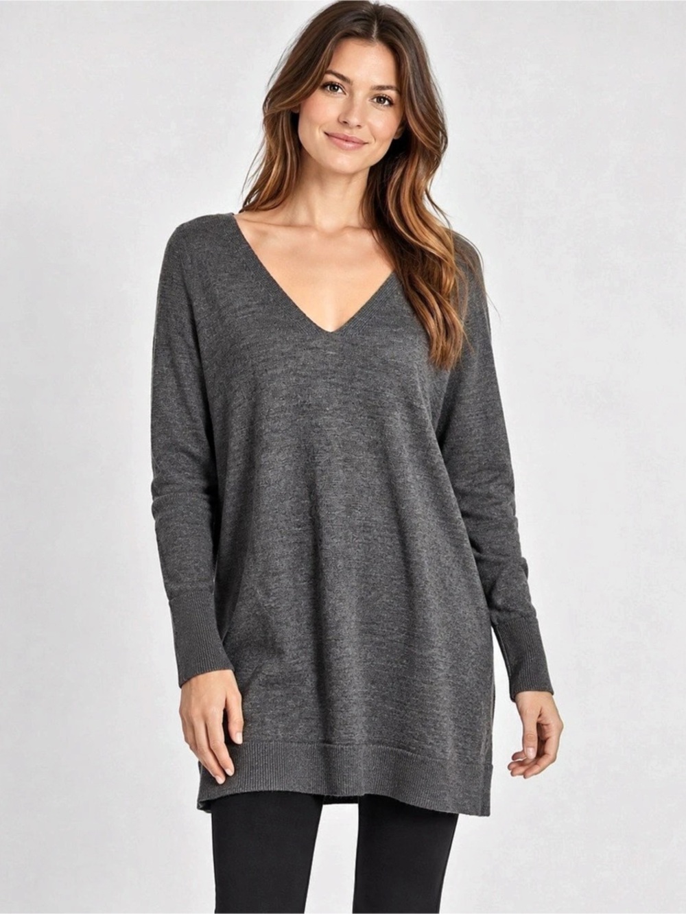 Eileen Fisher Sweater XL Gray 100% Merino Wool V Neck Tunic Italian Yarn Luxury